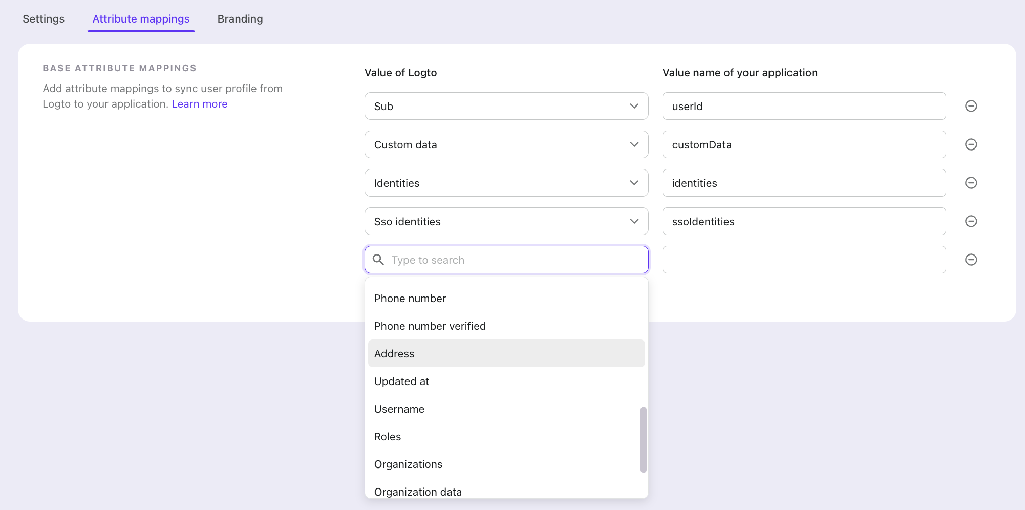 Mapeamento de atributos do app SAML