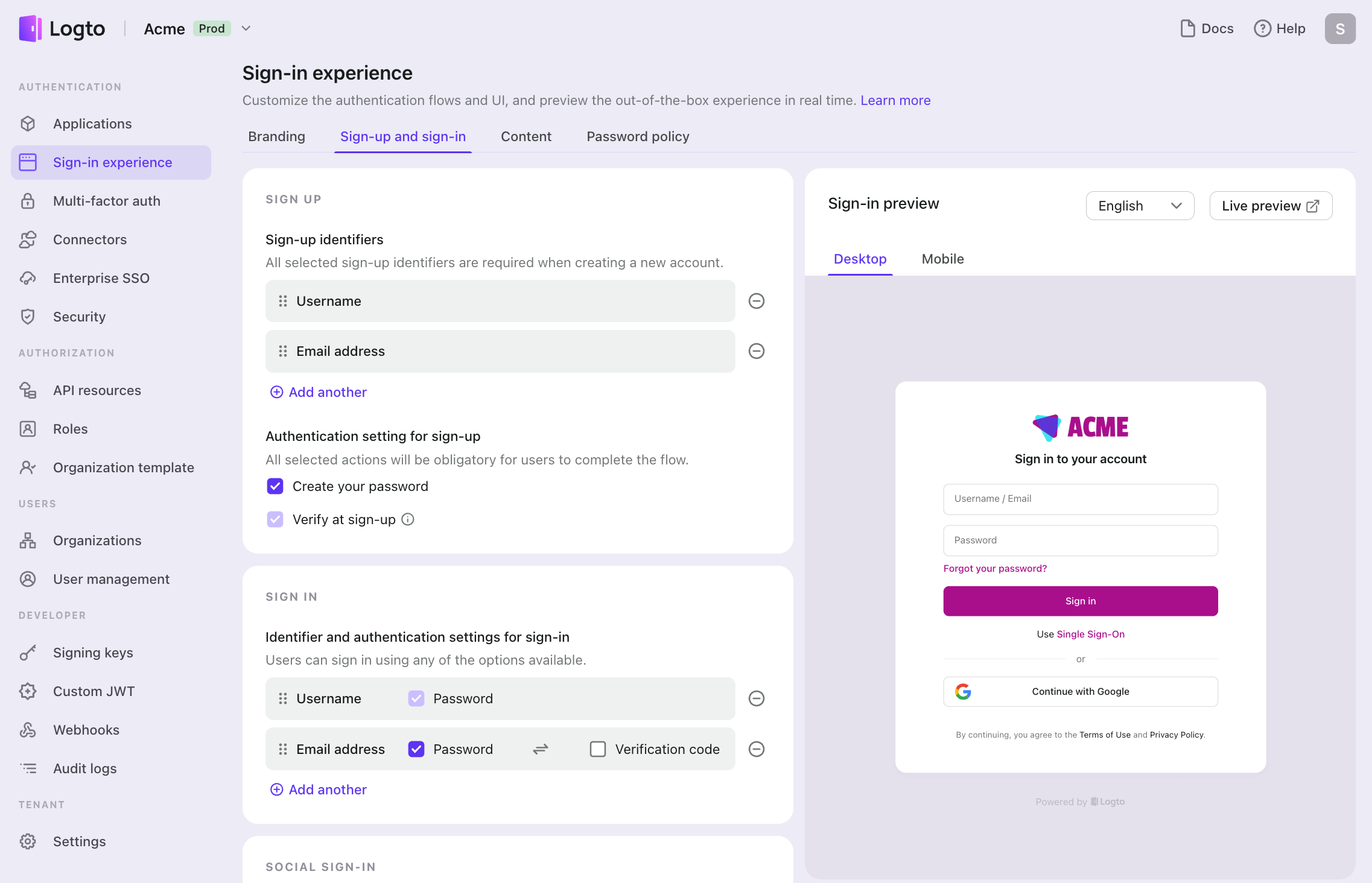 configuração de cadastro